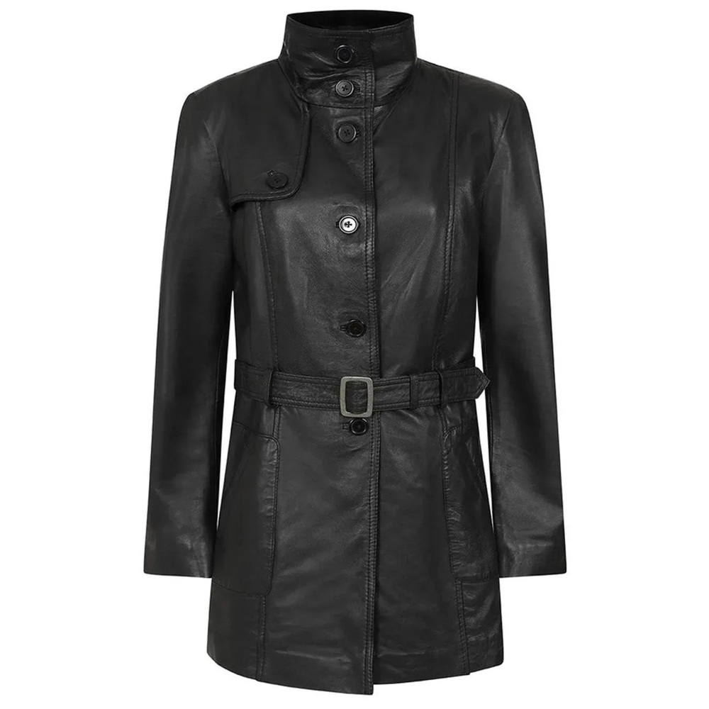 Boho Living Room Genuine Leather Funnel Neck Belted Trench Coat Sz S •Black NWOT